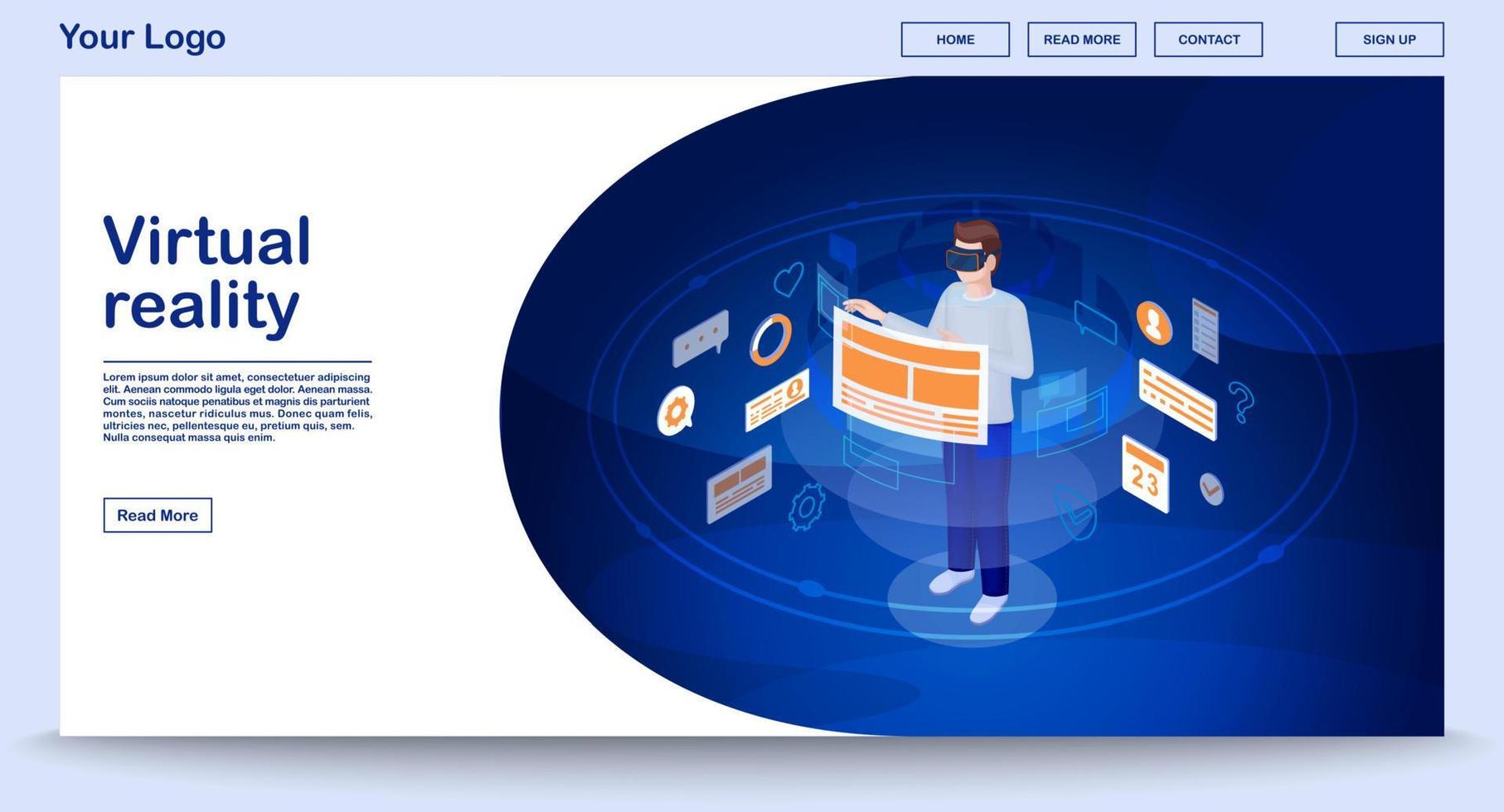 modèle vectoriel de page Web d'interface utilisateur de réalité virtuelle avec illustration isométrique. conception d'interface de site Web. technologie numérique futuriste. concept 3d de réalité augmentée. joueur dans le casque vr. idée de bannière web