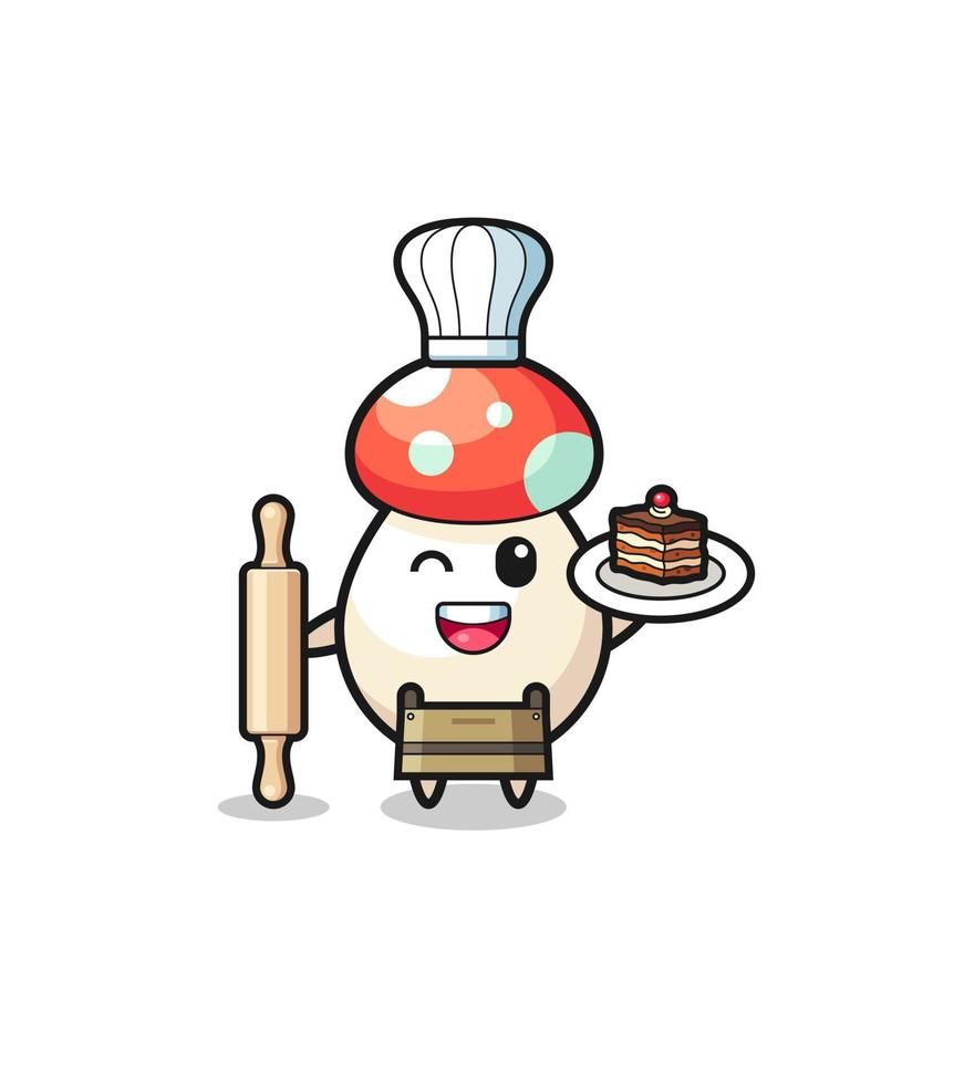 champignon comme mascotte de chef pâtissier tenir un rouleau à pâtisserie vecteur