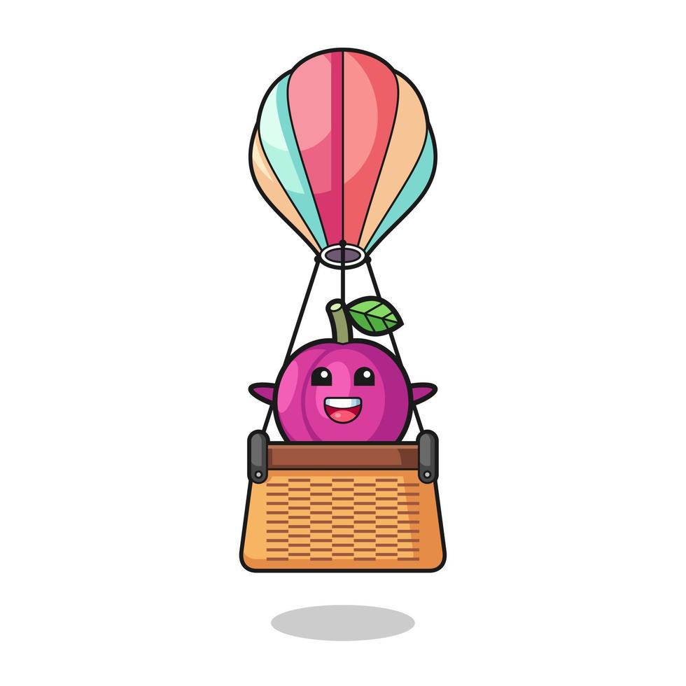 mascotte de fruit de prune chevauchant une montgolfière vecteur