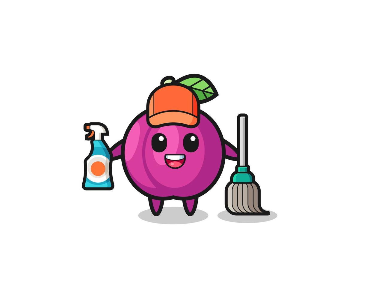 personnage mignon de fruit de prune comme mascotte de services de nettoyage vecteur