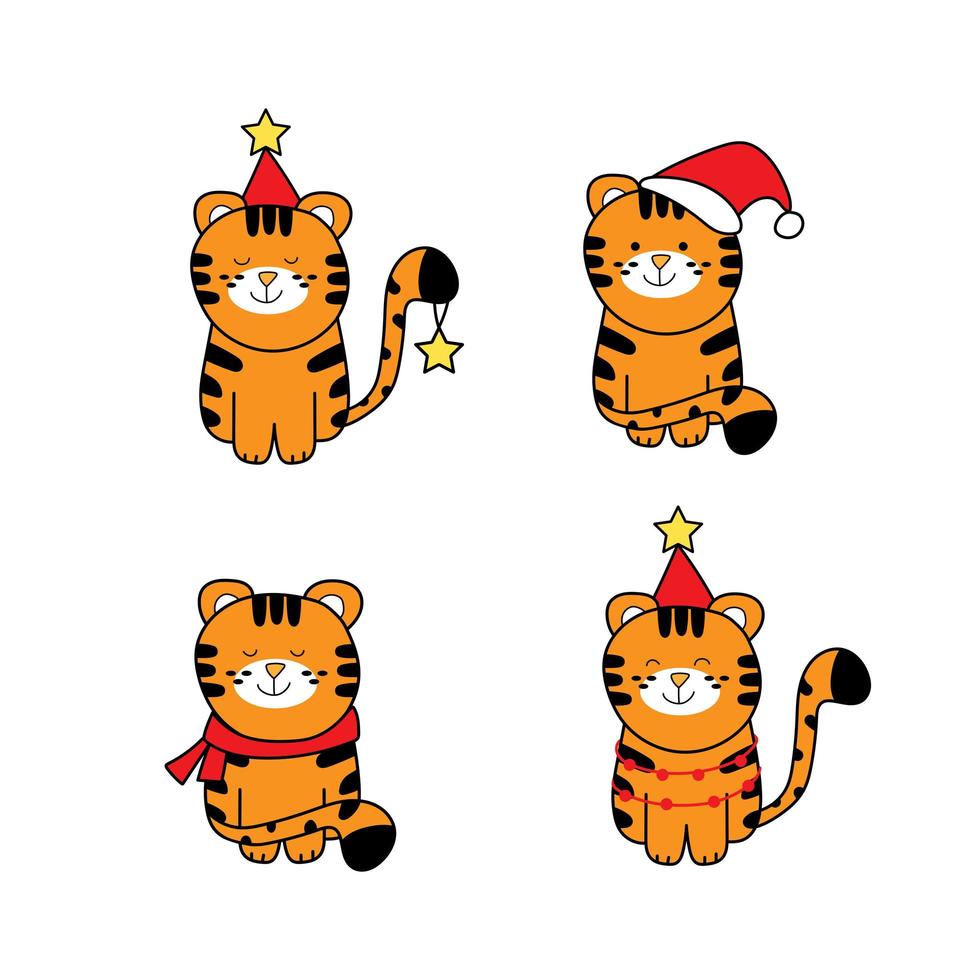 ensemble de tigre mignon en costume de Noël - collection vectorielle sur blanc vecteur