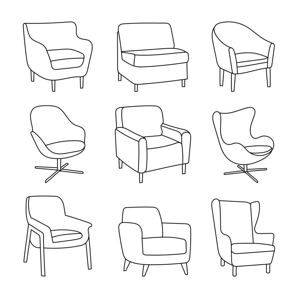 ensemble de chaises dessinées à la main - différents types de chaises vecteur