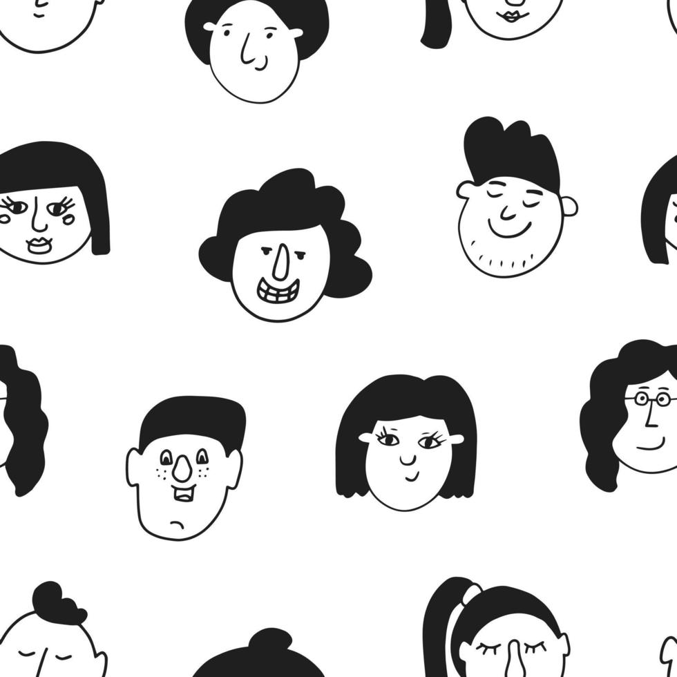 ensemble de visages de caractère dans le style doodle, modèle sans couture de vecteur