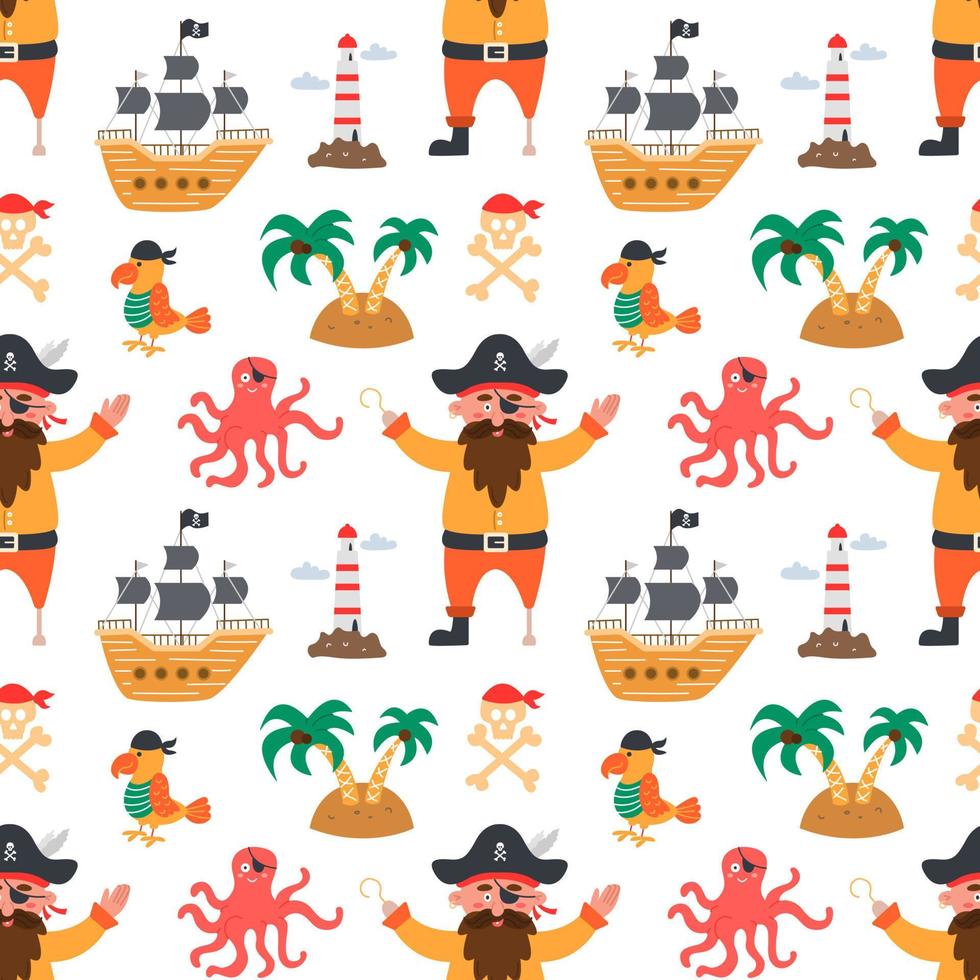 pirate avec perroquet, bateau, poulpe et île, modèle sans couture de vecteur dans un style cartoon plat