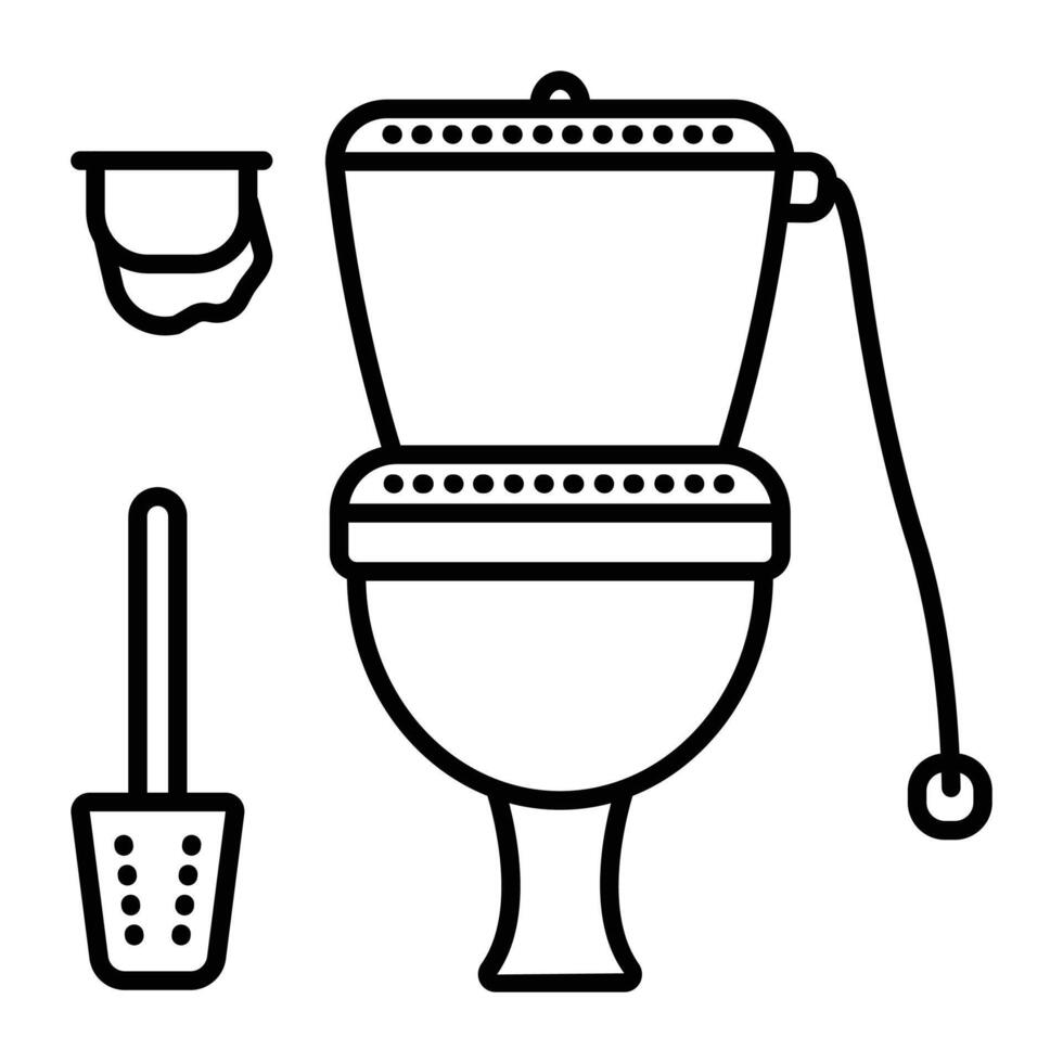 toilettes pièce - toilette bol, papier, brosse. de face vue de une salle de repos, noir ligne illustration, contour monochrome panneaux vecteur