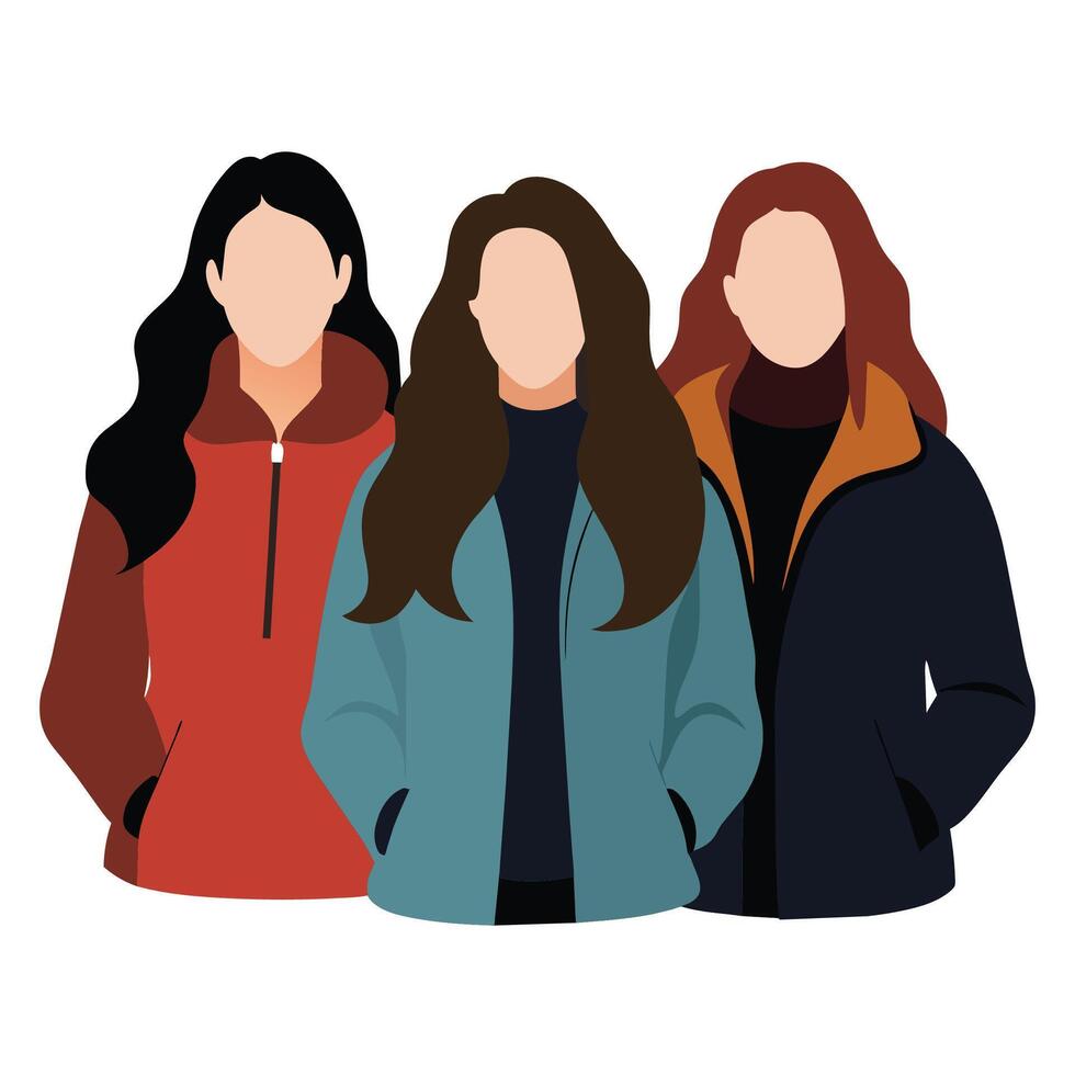 Trois sans visage femelle copains portant hiver vestes avec différent pose, femme journée vecteur