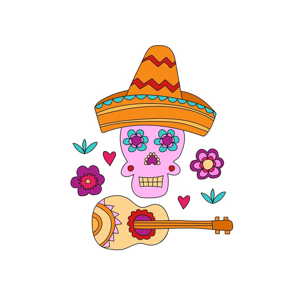 cinco de mayo fiesta crâne dessiné à la main avec des éléments de décoration vecteur