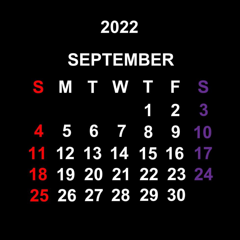 septembre 2022, conception de modèle de calendrier sur fond noir. la semaine commence le dimanche. vecteur