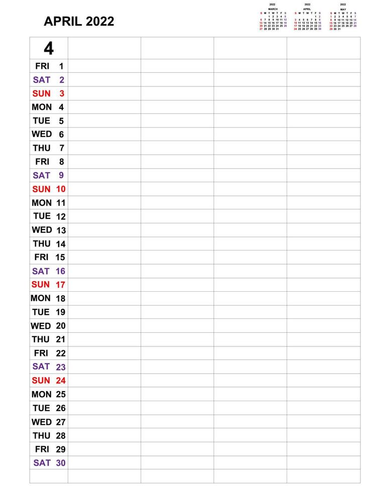 avril 2022, conception de modèle de calendrier pour le planificateur mensuel d'entreprise et les notes. la semaine commence le dimanche, planificateur mensuel pour l'année 2021 et conception vectorielle de papeterie. vecteur