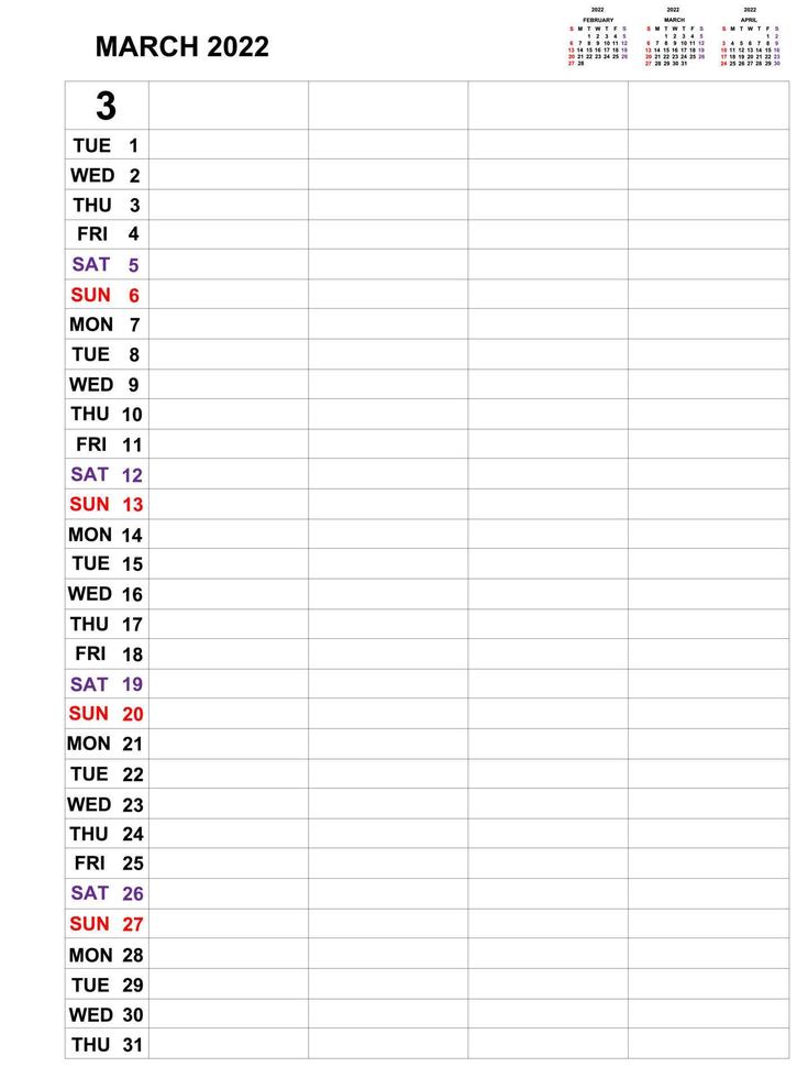 mars 2022, conception de modèle de calendrier pour le planificateur mensuel d'entreprise et les notes. la semaine commence le dimanche, planificateur mensuel pour l'année 2021 et conception vectorielle de papeterie. vecteur