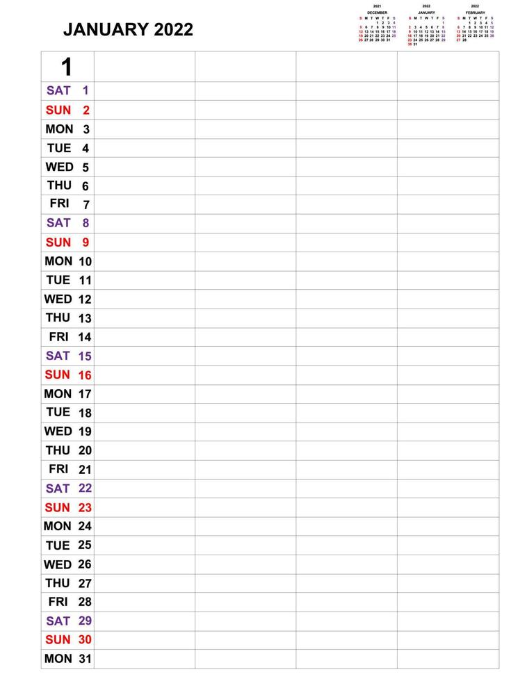 janvier 2022, conception de modèle de calendrier pour le planificateur mensuel d'entreprise et les notes. la semaine commence le dimanche, planificateur mensuel pour l'année 2021 et conception vectorielle de papeterie. vecteur