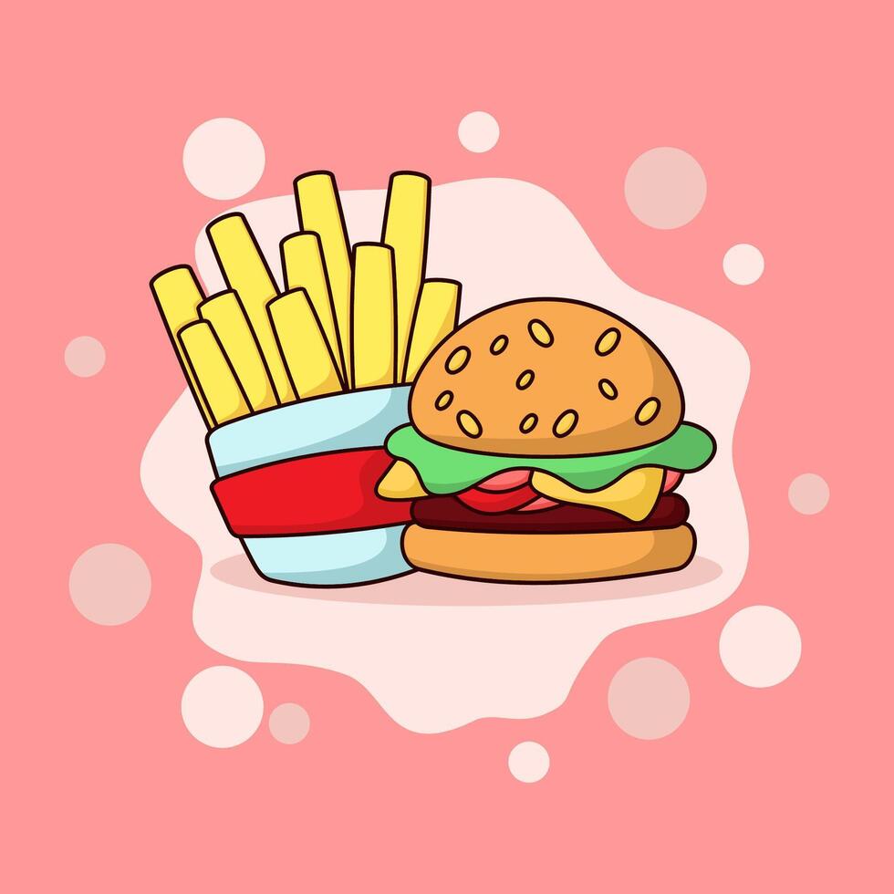 Burger avec frites. vite nourriture icône concept isolé . plat dessin animé style vecteur