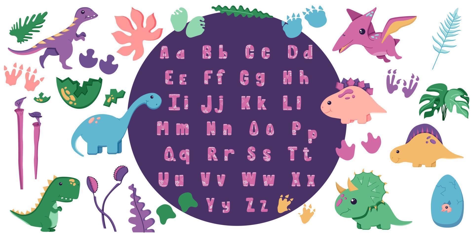 un ensemble de dinosaures mignons pour décorer la pépinière, des autocollants de l'ère mésozoïque pour les enfants, avec un alphabet dessiné à la main dans un style plat, isolé sur un blanc. vecteur