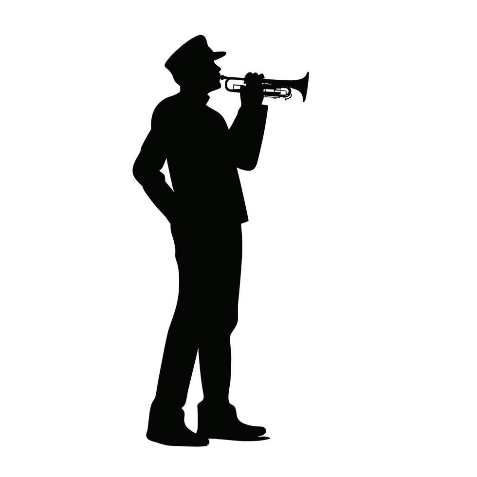 homme en jouant trompette avec chapeau silhouette vecteur