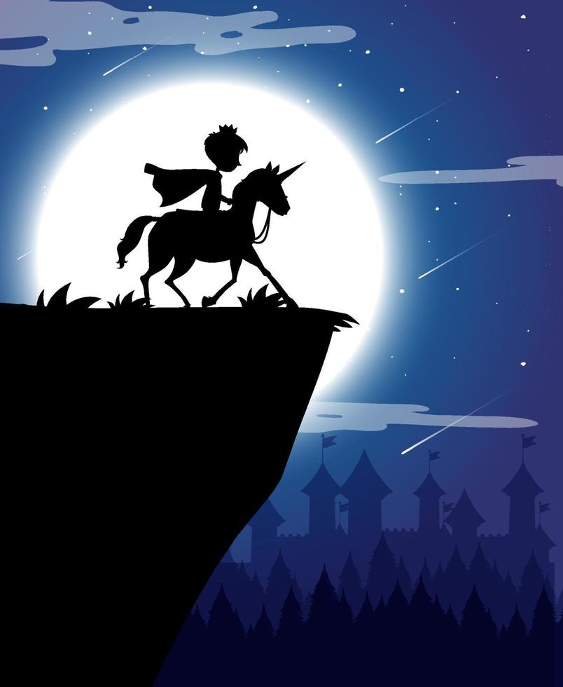 chevalier silhouette équitation licorne avec fond de pleine lune vecteur