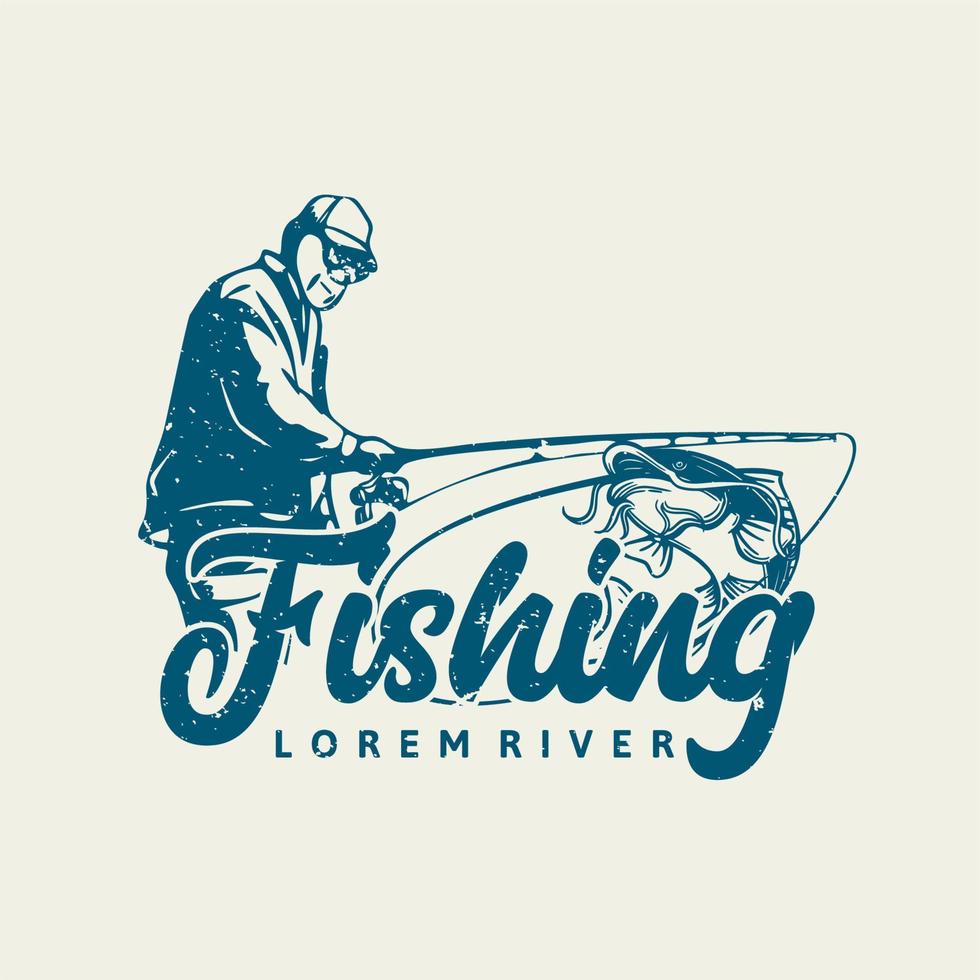 conception de logo rivière de pêche avec illustration vintage de pêcheur vecteur