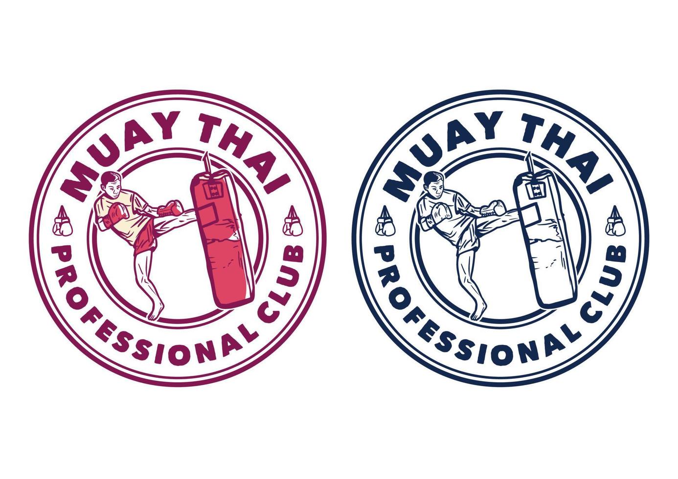 création de logo club professionnel muay thai avec homme artiste martial muay thai coup de pied sac de boxe illustration vintage vecteur