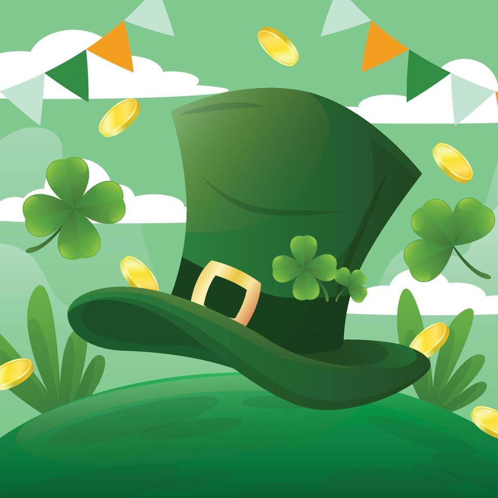 chapeau de saint patrick et feuilles de trèfle vecteur