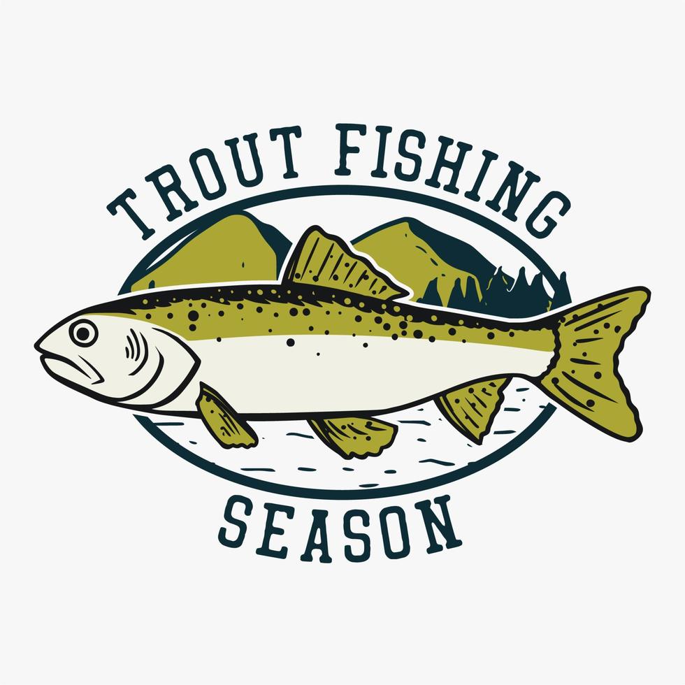 conception de logo saison de pêche à la truite avec illustration vintage de poisson truite vecteur