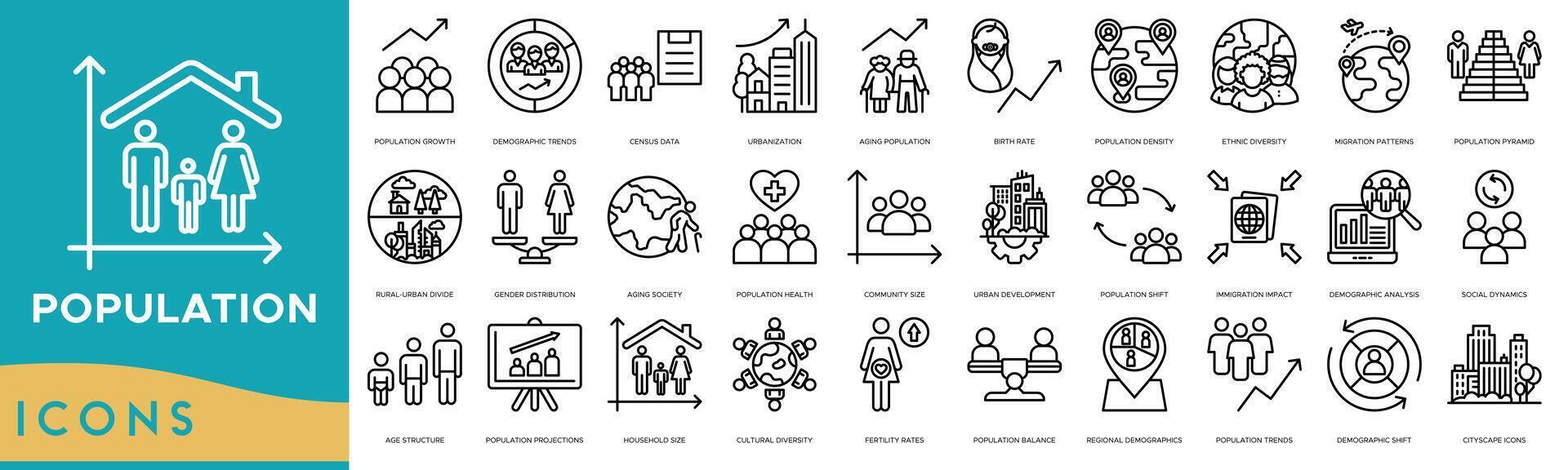 population icône ensemble. population croissance, démographique les tendances, recensement données, urbanisation, vieillissement population, naissance taux, population densité, ethnique diversité, migration motifs, population pyramide vecteur