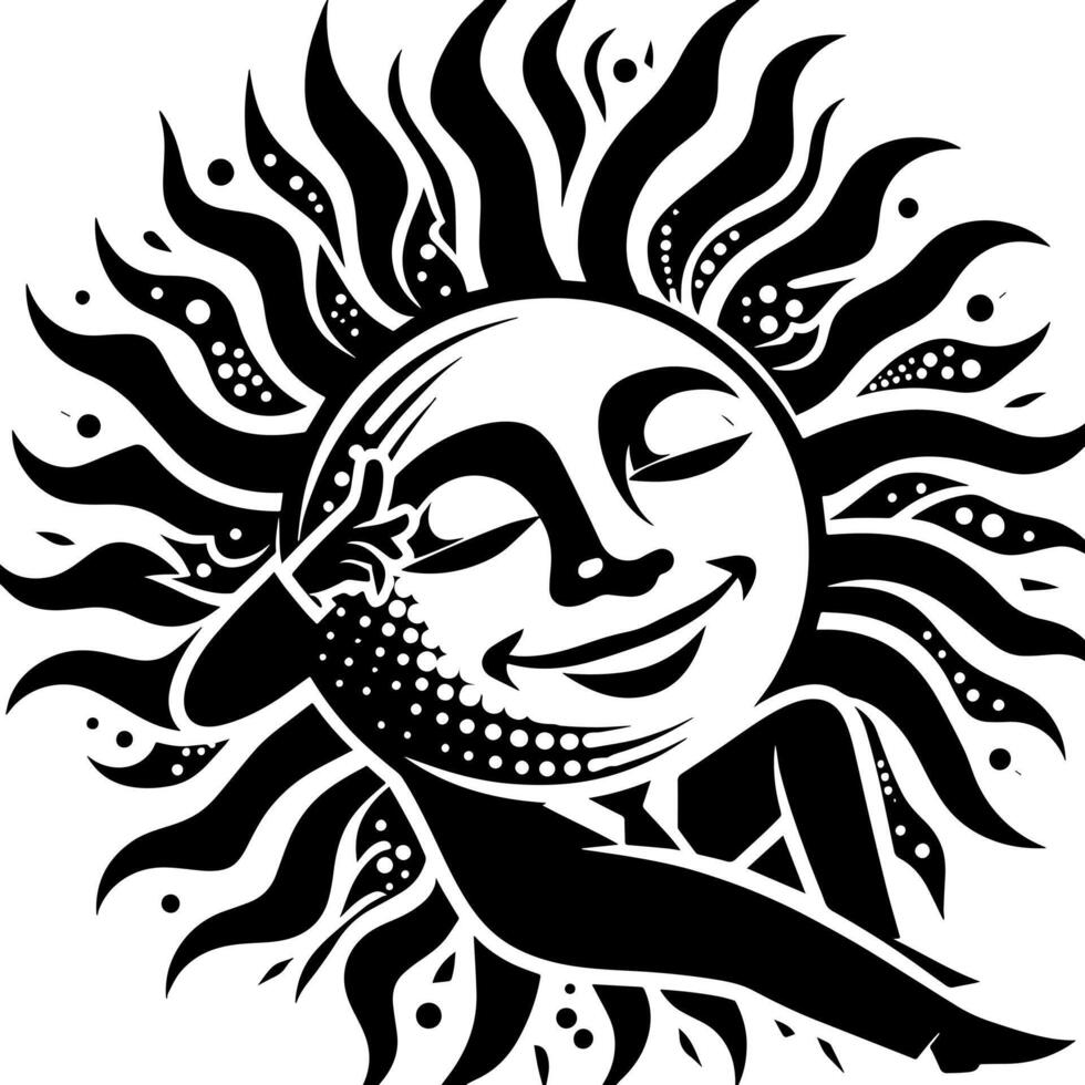 noir et blanc silhouette de une Soleil symbole avec une souriant content visage vecteur