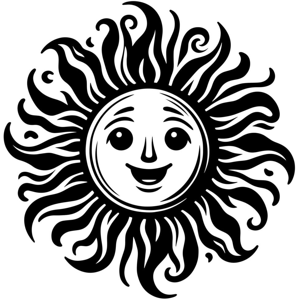 noir et blanc silhouette de une Soleil symbole avec une souriant content visage vecteur