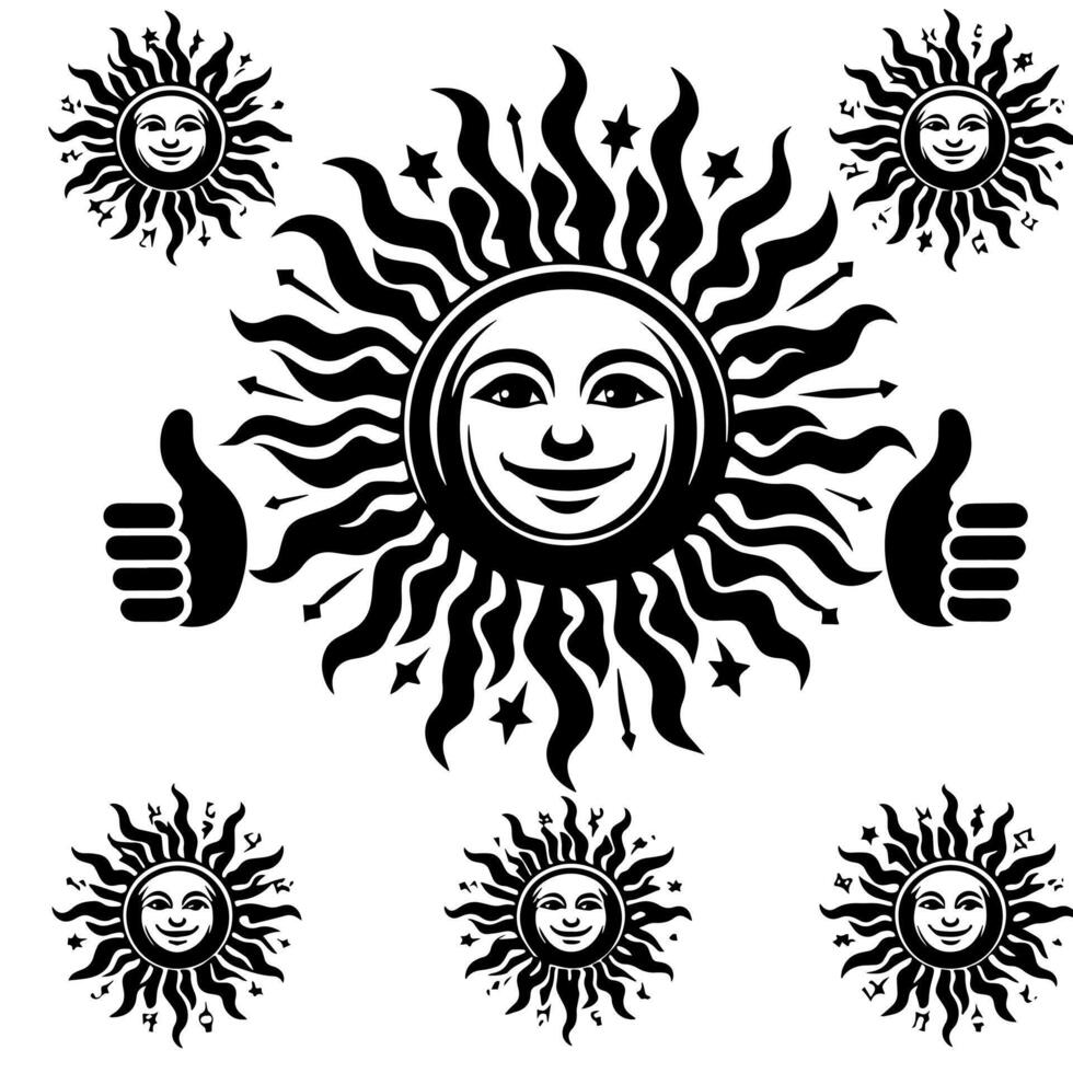 noir et blanc silhouette de une Soleil symbole avec une souriant content visage vecteur