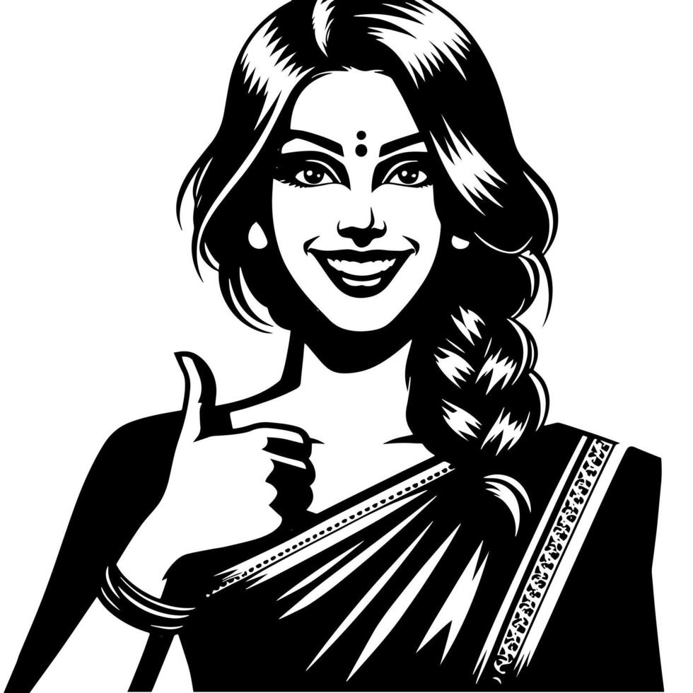 noir et blanc silhouette de une groupe de une femelle Indien femme en portant les pouces en haut dans une décontractée tenue sari vecteur