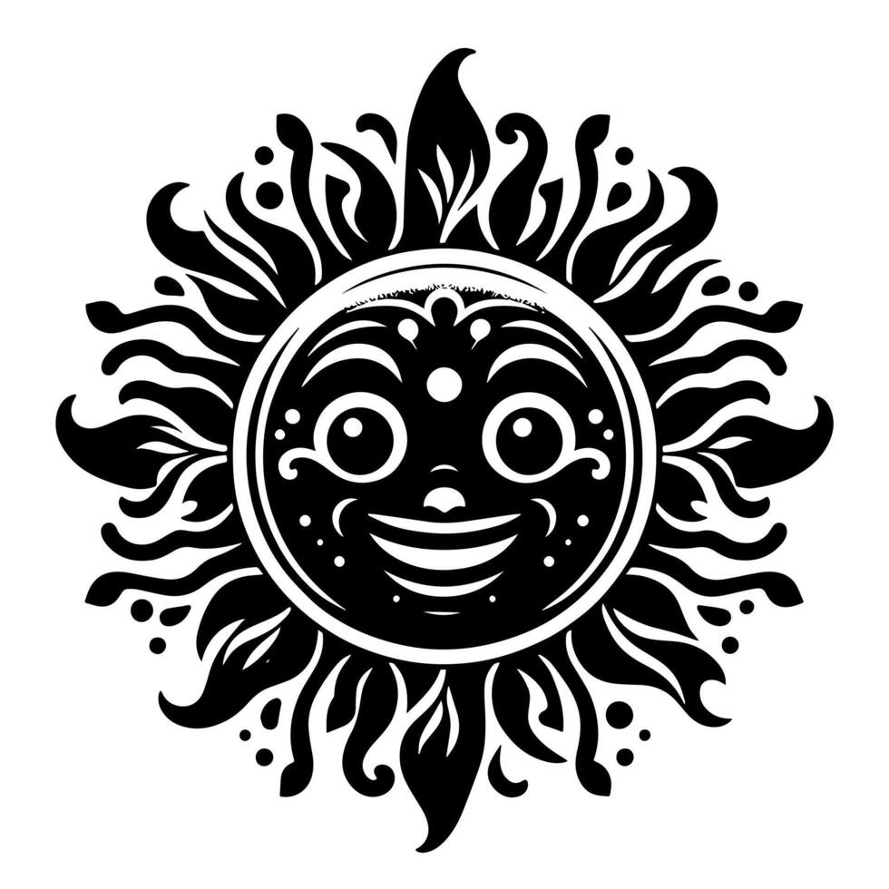 noir et blanc silhouette de une Soleil symbole avec une souriant content visage vecteur