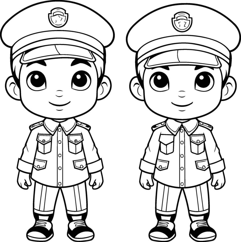 noir et blanc dessin animé illustration de des gamins dans police uniforme pour coloration livre vecteur