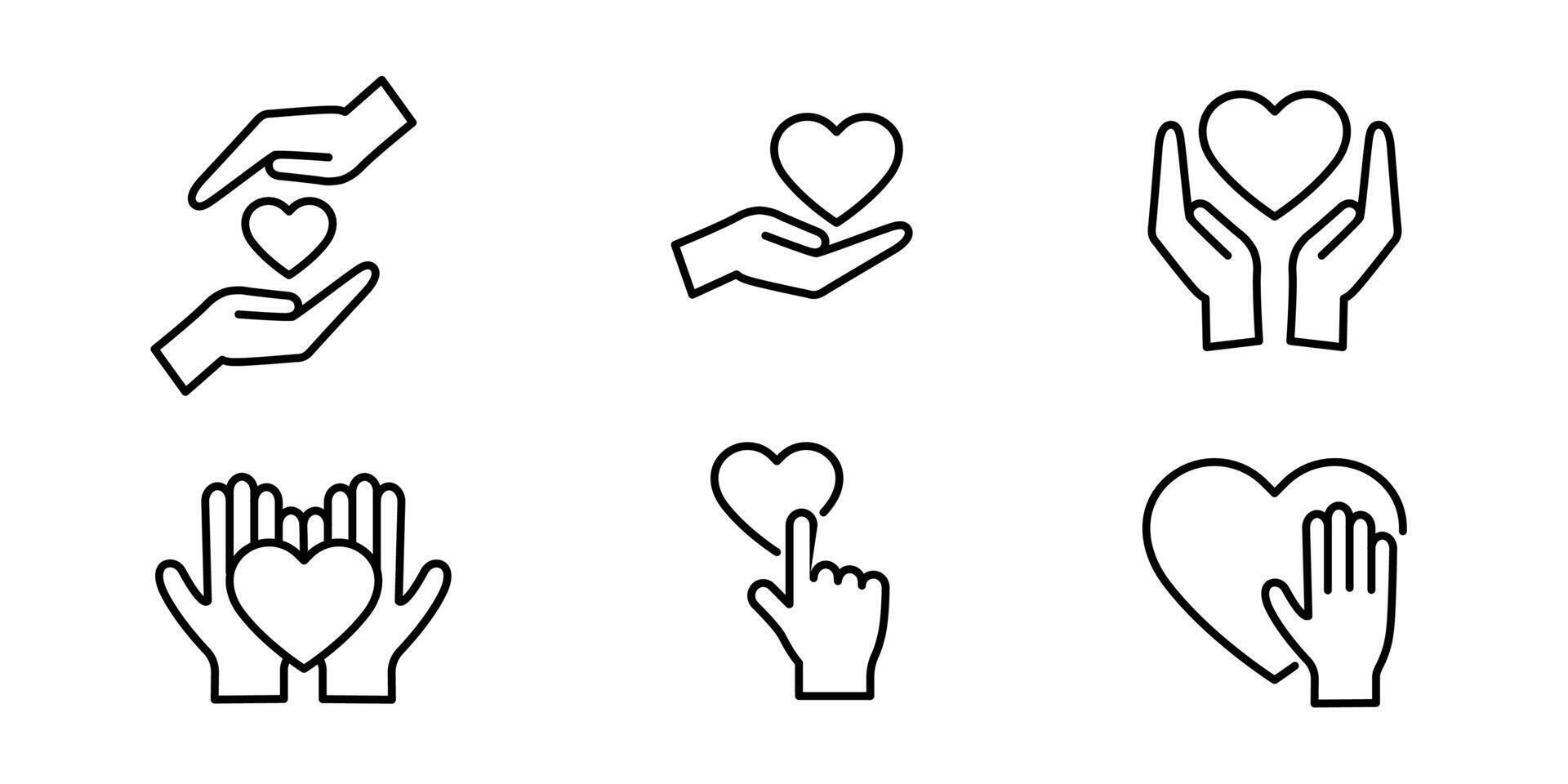 ensemble de contour Icônes avec mains et cœurs. modifiable accident vasculaire cérébral. faire un don et charité concept vecteur