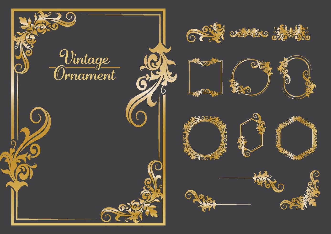 ensemble de d'or ancien ornement avec frontière, cadre, couronne, orné, mandala et luxe éléments, adapté pour ancien conception ou mariage invitation carte, bannière et étiquette vecteur