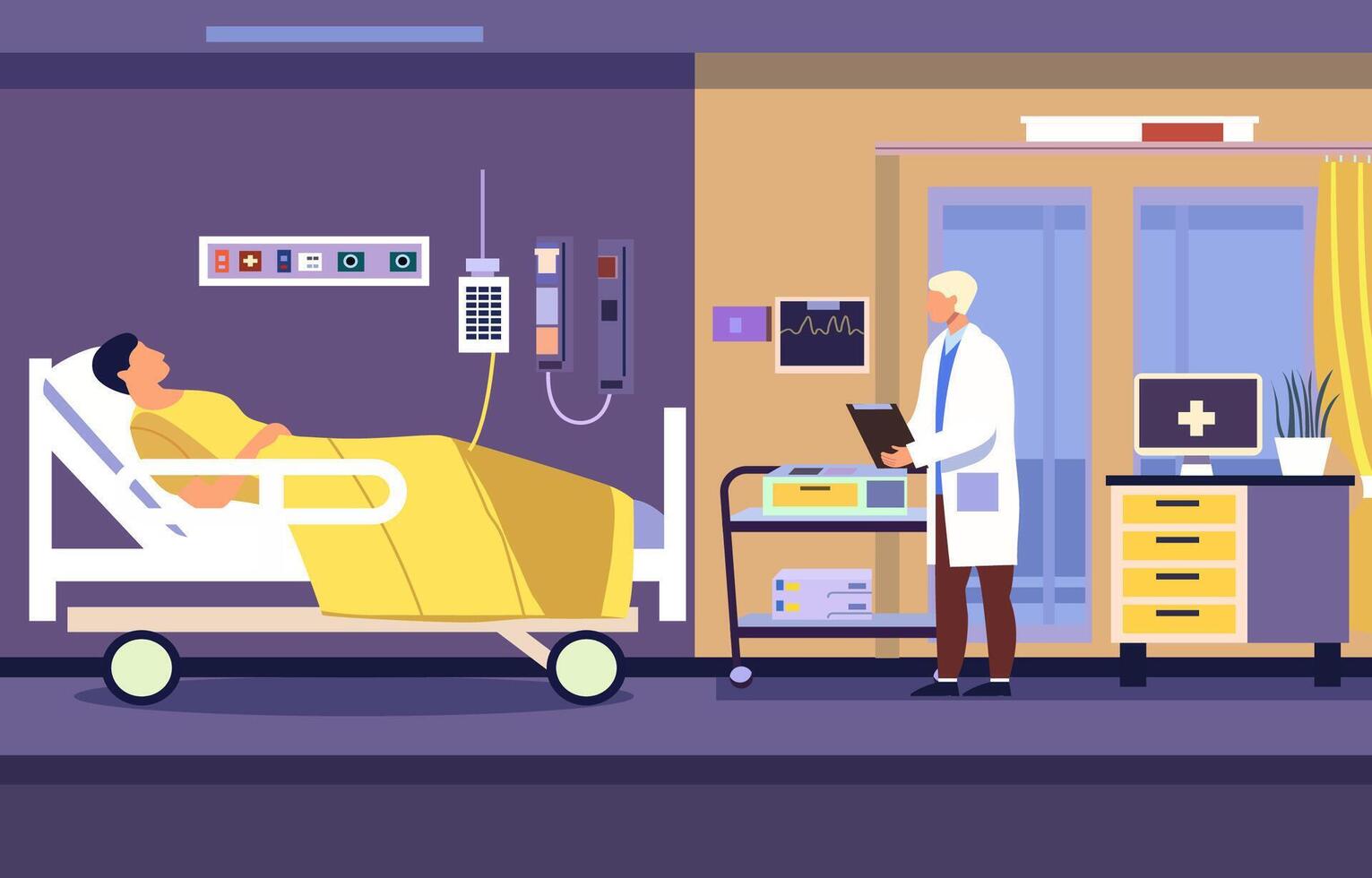 plat conception illustration de Masculin médecin vérifier patient santé dans hôpital hospitalisé pièce vecteur