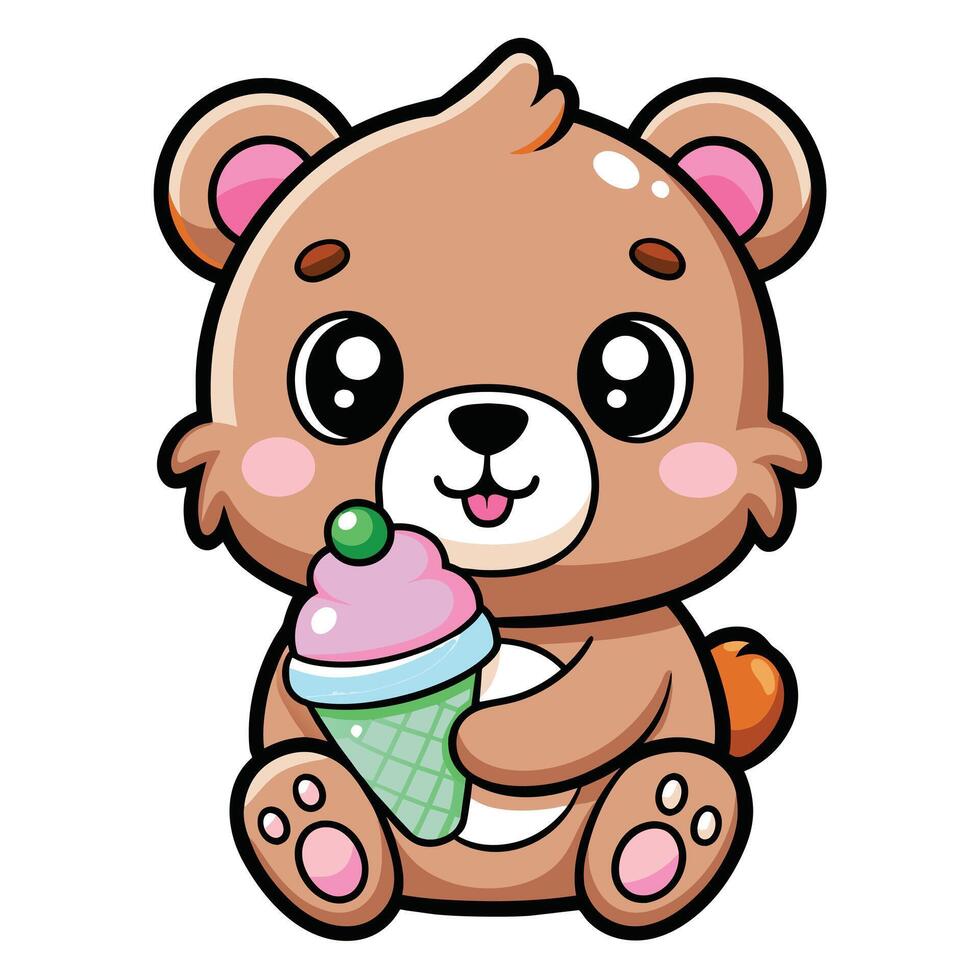 une mignonne kawaii ours en mangeant la glace crème, avec nettoyer noir grandes lignes, blanc Contexte vecteur