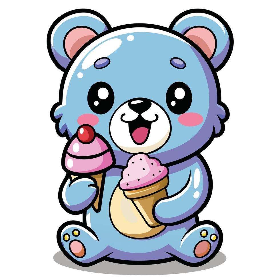 une mignonne kawaii ours en mangeant la glace crème, avec nettoyer noir grandes lignes, blanc Contexte vecteur