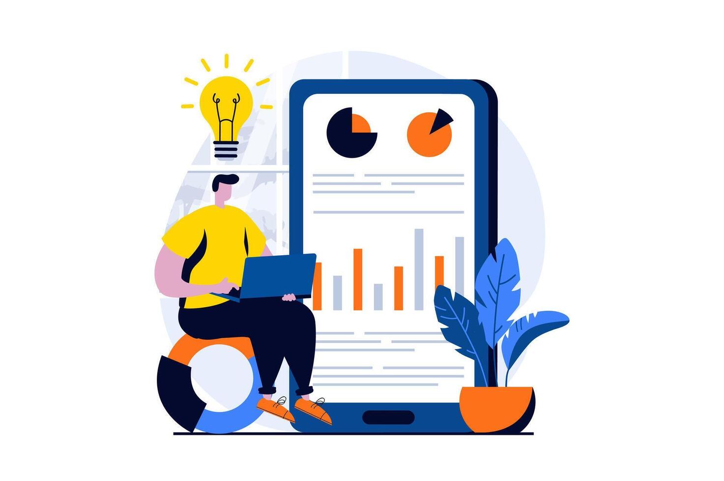Les données une analyse concept avec gens scène dans plat dessin animé conception. homme génère des idées et travail avec statistiques à mobile application, en cours d'analyse graphiques et audit. illustration visuel récit pour la toile vecteur