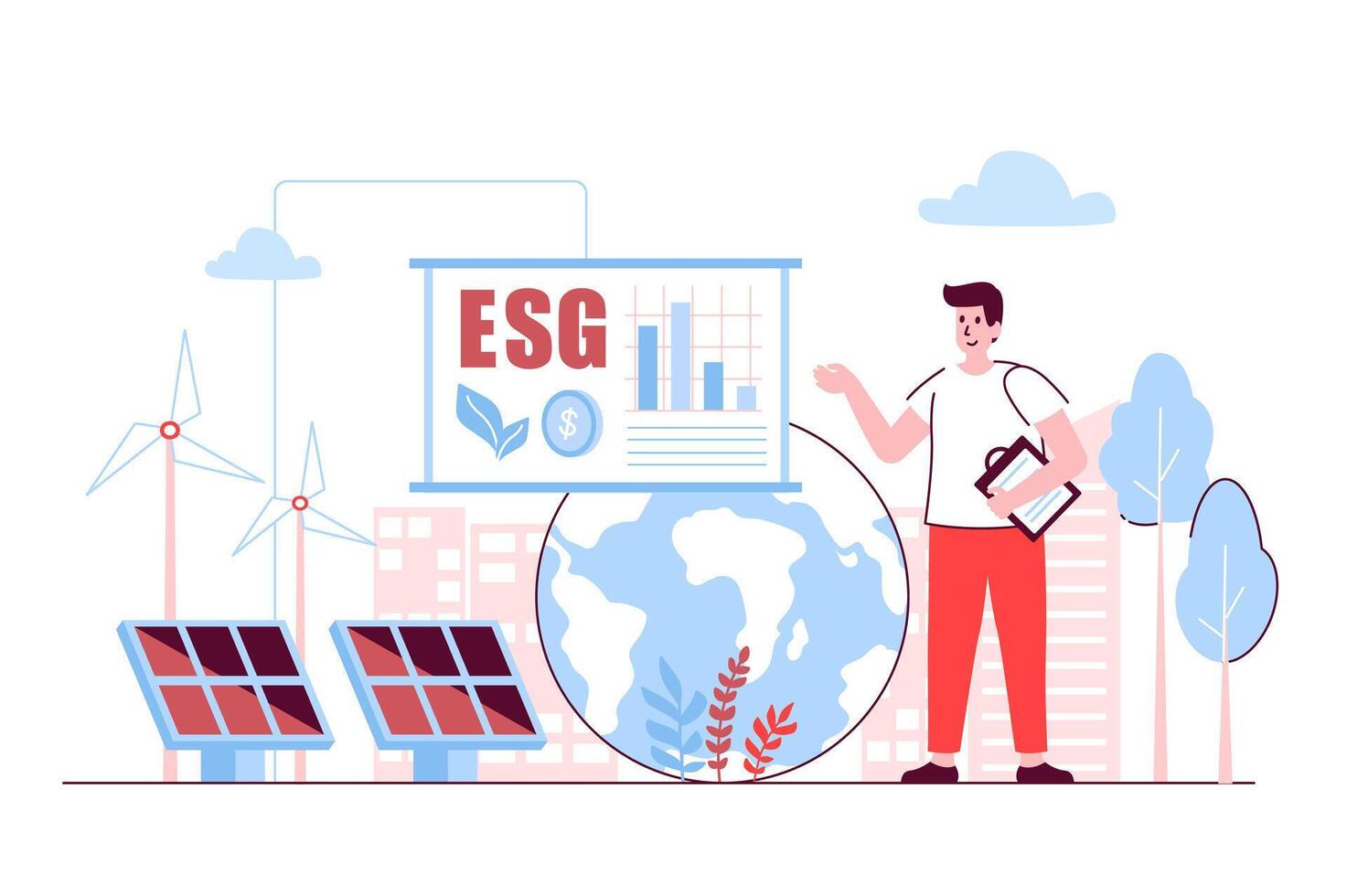 esg concept dans plat ligne conception. environnemental, social et gouvernance. homme développement affaires stratégie en utilisant vert et éco amical technologie. illustration avec contour gens scène pour la toile vecteur