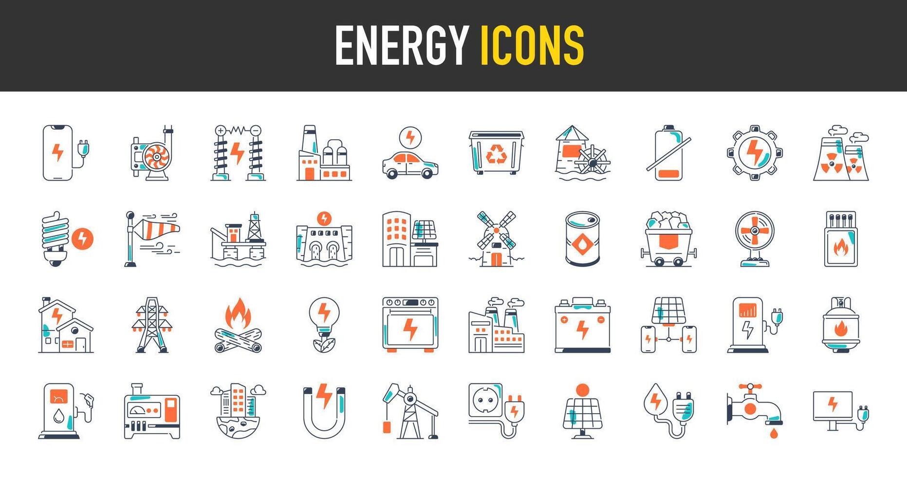 énergie icône ensemble. tel comme renouvelable énergie, écologie, vert électricité, pompe, four, téléphone intelligent, poubelle poubelle, raffinerie, charbon, brancher, huile, nucléaire, gaz cylindre, hydraulique, Puissance Icônes vecteur