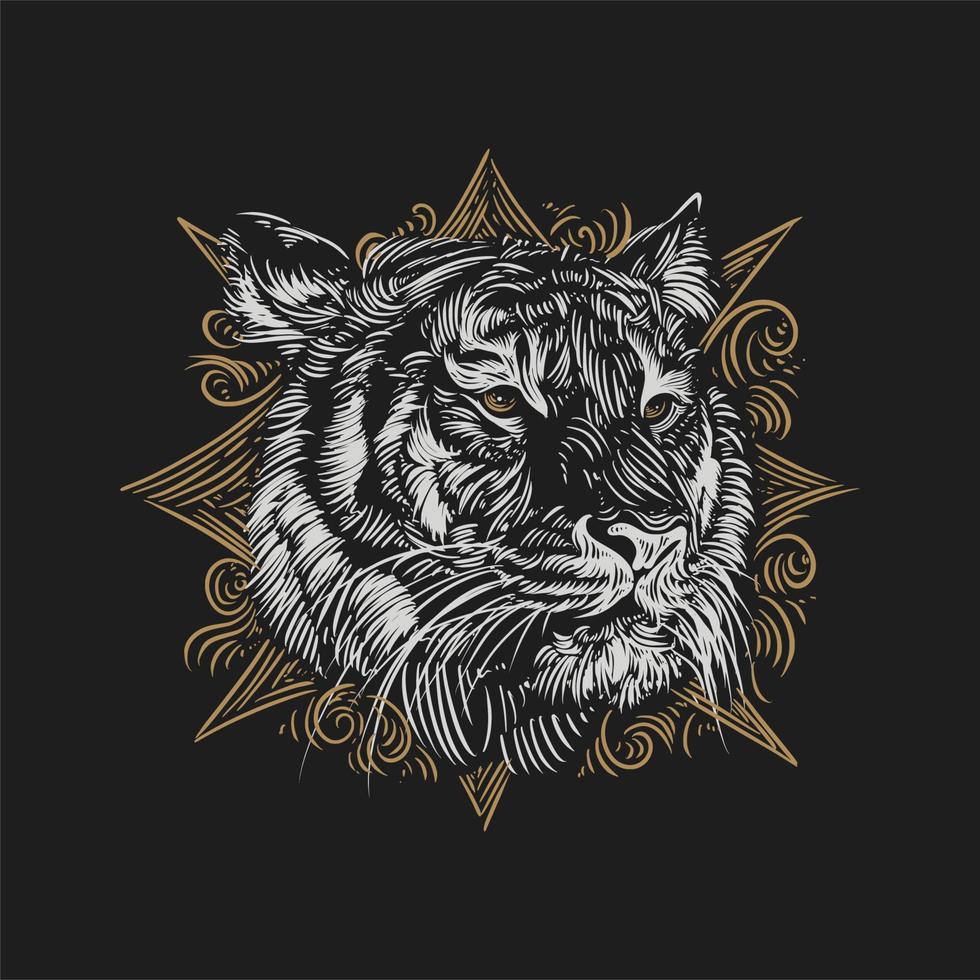 tête de tigre illustration vintage avec style de gravure de fond ornements marron vecteur