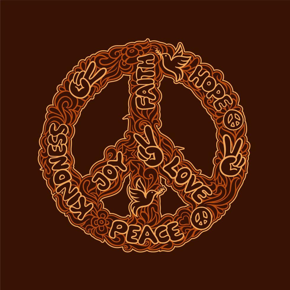 doodle art paix design logo gentillesse, joie, amour, foi, espoir sur fond d'ornement orange vecteur