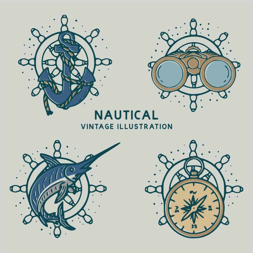 ancres nautiques, poissons, boussoles et jumelles illustration vintage vecteur