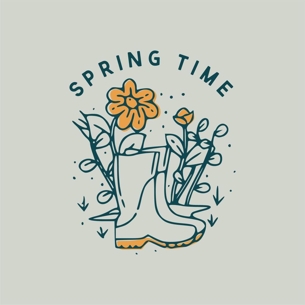 temps de printemps avec des bottes de jardin et des fleurs illustration vintage dessinée à la main vecteur