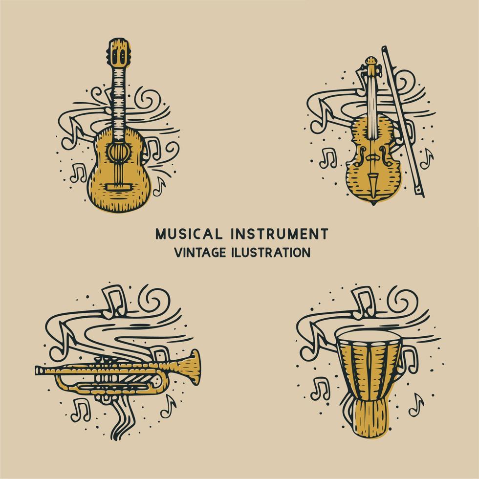 instrument de musique classique guitare, tambour, trompette et violon illustration vintage vecteur