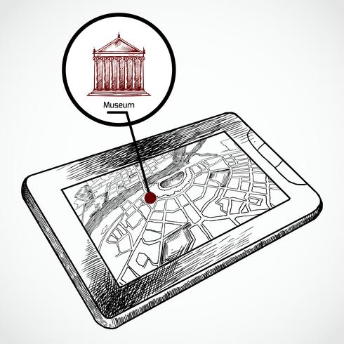 Esquisse dessiner tablette avec carte de navigation vecteur