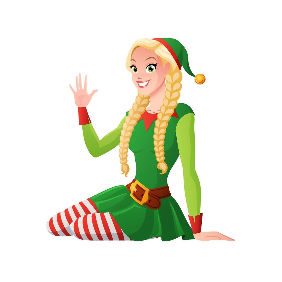 jolie fille en costume de lutin de Noël vert assis et saluant. illustration de vecteur de style dessin animé isolé sur fond blanc.