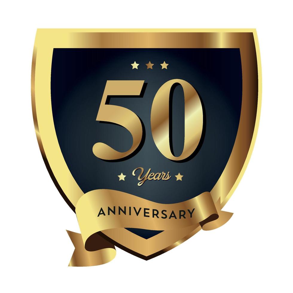 50e anniversaire célébrant les antécédents commerciaux de l'entreprise de texte avec des chiffres. modèle d'événement d'anniversaire de célébration de vecteur bouclier de couleur rouge or foncé