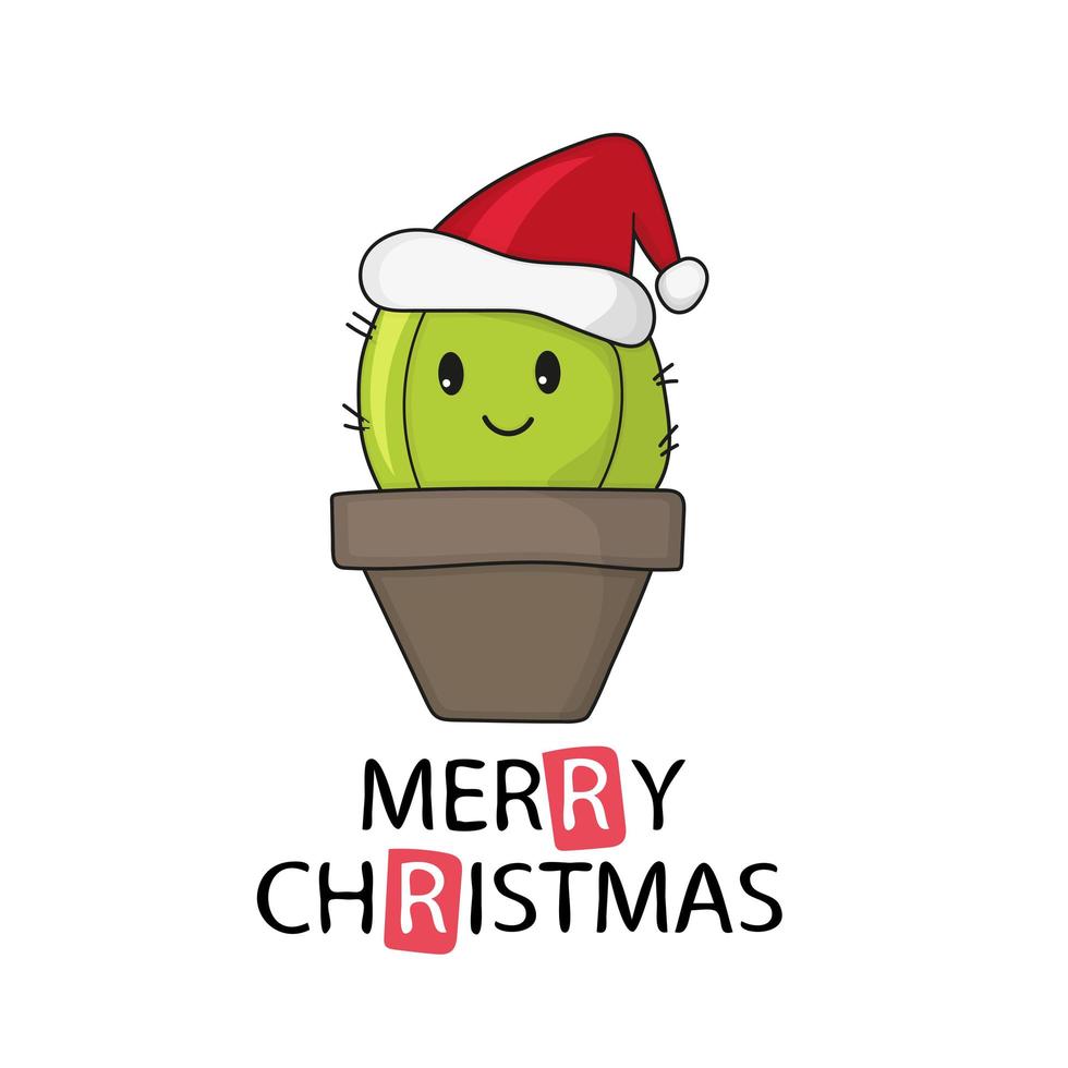 gros cactus mignon et drôle portant un bonnet de noel pour noël et souriant - vecteur