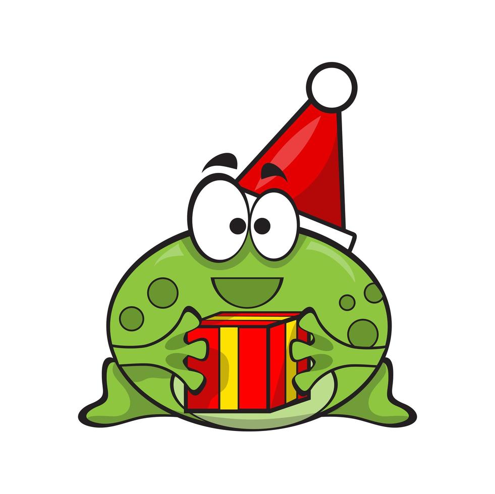 grenouille mignonne et drôle portant un bonnet de noel avec un cadeau pour noël vecteur
