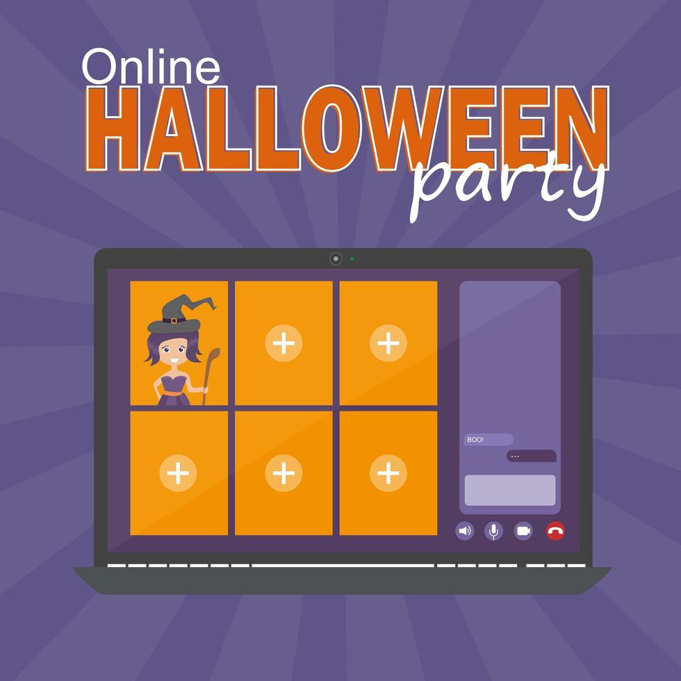 concept de fête d'halloween en ligne, écran d'ordinateur avec vidéoconférence vecteur