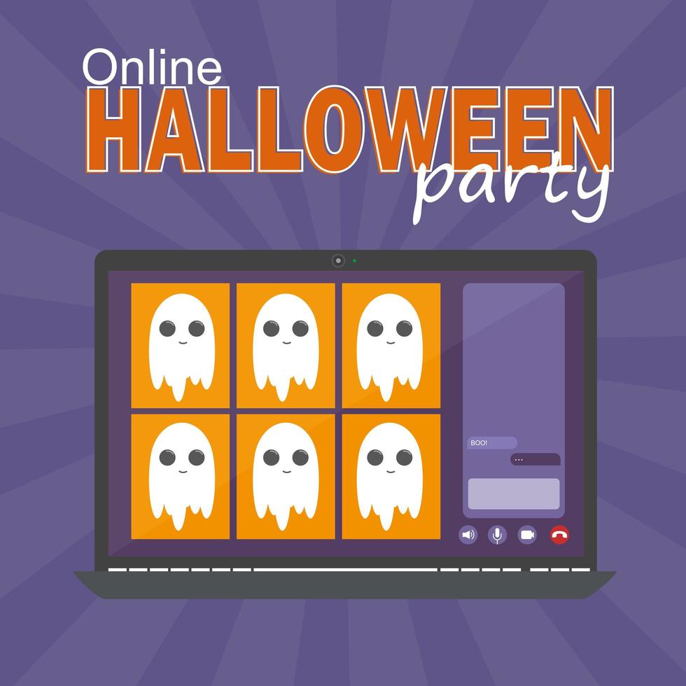 concept de fête d'halloween en ligne, écran d'ordinateur avec vidéoconférence vecteur